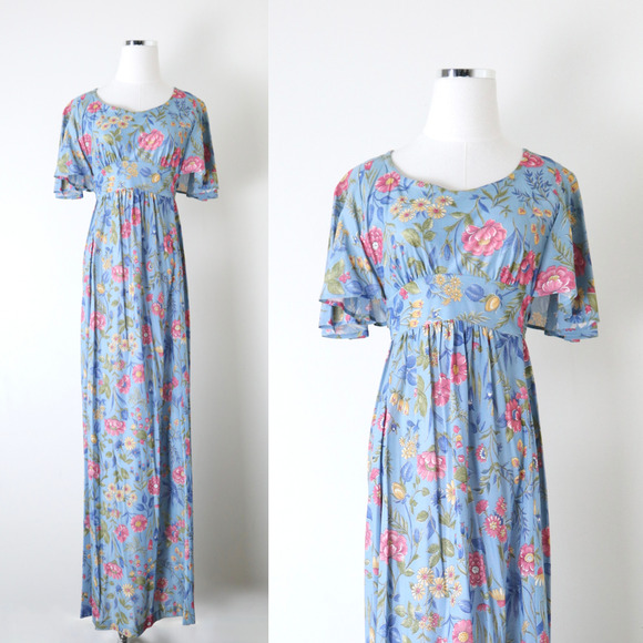 Vintage Dresses & Skirts - Vintage 1970s Prairie Floral Maxi Dress Flutter Sleeve Empire Waist Tie Blue